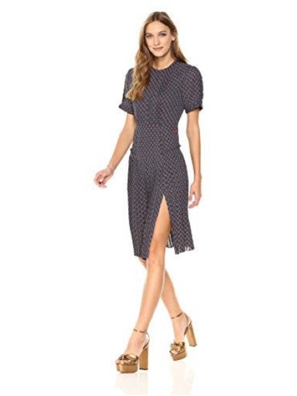 Women's Navy Printed Short Sleeve Midi Dress with Side Slit